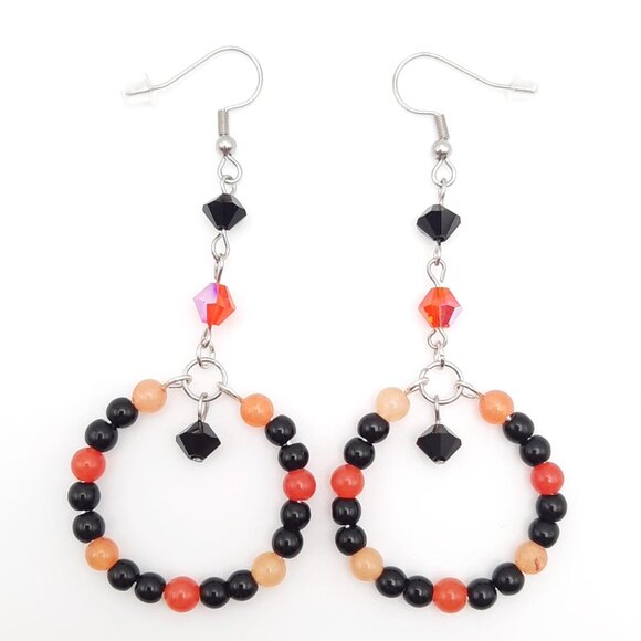 Orange Quartz Black Jasper Chakra Gemstone Circle Earrings Handmade Jewelry - Picture 2 of 6
